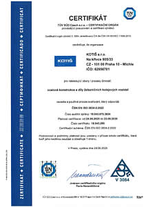 Certifikát ocelové konstrukce a díly železničních kolejových vozidel